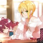  :q bare_shoulders blonde_hair cup drinking_straw green_eyes hand_on_own_cheek ichinose_shiki idolmaster idolmaster_cinderella_girls isshiki_(ffmania7) lazy_lazy_(idolmaster) long_hair long_sleeves miyamoto_frederica multiple_girls red_hair short_hair sleeping smile table tongue tongue_out 