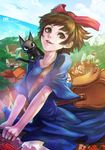  absurdres animal animal_on_shoulder bag bird black_cat bloomers bow broom broom_riding brown_eyes brown_hair cat cat_on_shoulder cloud cloudy_sky commentary completion_time day flat_chest hair_bow hairband highres horizon jiji_(majo_no_takkyuubin) kiki landscape lips majo_no_takkyuubin monori_rogue parted_lips satchel seagull short_hair sky smile underwear 