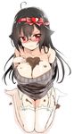  3: ahoge animal_ears bangs black_hair blush breasts cat_ears chocolate chocolate_on_breasts cleavage closed_mouth collarbone eyebrows_visible_through_hair food food_between_breasts food_on_face full_body garter_straps glasses grey_sweater hair_between_eyes hair_ribbon heart large_breasts long_hair looking_at_viewer no_shoes nose_blush off_shoulder original pink_ribbon red_eyes ribbed_sweater ribbon simple_background sitting solo sweatdrop sweater thighhighs unname v-shaped_eyebrows valentine wariza white_background white_legwear 