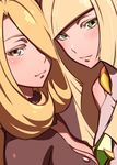  bangs bare_shoulders blonde_hair blush breast_press breasts cleavage closed_mouth diamond diamond_(shape) dress eyelashes fur_trim grey_eyes hair_over_one_eye half-closed_eyes iku_(ikuchan_kaoru) large_breasts long_hair looking_at_viewer lusamine_(pokemon) mature multiple_girls pink_lips pokemon pokemon_(game) pokemon_sm revision shirona_(pokemon) sleeveless smile symmetrical_docking upper_body 