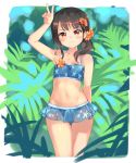  1girl arm_up armpits bangs bikini blue_bikini blush breasts brown_hair closed_mouth commentary_request cowboy_shot day eyebrows_visible_through_hair floral_print flower garun_wattanawessako hair_between_eyes hair_flower hair_ornament leaf long_hair looking_at_viewer navel original outdoors ponytail red_eyes side_ponytail small_breasts smile solo standing stomach swimsuit thighs tree v 