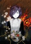  bouquet bzerox fence flower fur-trimmed_jacket fur_trim hair_over_one_eye highres jacket kirishima_touka pale_skin plant purple_hair rose short_hair solo thorns tokyo_ghoul tokyo_ghoul:re vines 