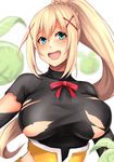  :d absurdres aqua_eyes bangs black_shirt blurry blush braid breasts cabbage commentary_request darkness_(konosuba) depth_of_field eyebrows_visible_through_hair french_braid hair_between_eyes hair_ornament highres huge_breasts kono_subarashii_sekai_ni_shukufuku_wo! long_hair looking_at_viewer open_mouth ponytail shirt sidelocks simple_background smile solo torn_clothes torn_shirt turtleneck upper_body white_background x_hair_ornament yashichii 