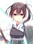  3: bow brown_eyes brown_hair closed_mouth commentary_request hair_between_eyes kaga_(kantai_collection) kantai_collection long_hair looking_at_viewer muneate rigging side_ponytail solo upper_body usume_shirou v-shaped_eyebrows white_background 