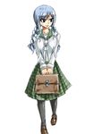  1girl blue_hair breasts fairy_tail juvia_loxar large_breasts long_hair mashima_hiro pigtails schoolgirl simple_background solo white_background 