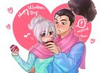  1boy 1girl blush couple cupcake heart highres league_of_legends long_sleeves matching_outfit ponytail red_eyes riven_(league_of_legends) scar scarf sweater valentine white_hair yasuo_(league_of_legends) 