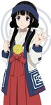  ainu_clothes amayadori_machi amayadori_machi_(cosplay) bangs black_hair blunt_bangs chitanda_eru clenched_hand closed_mouth commentary_request cosplay cowboy_shot cp9a hair_ribbon hakama headband hyouka japanese_clothes kumamiko long_hair long_sleeves looking_at_viewer low_twintails medallion miko purple_eyes red_hakama ribbon sidelocks simple_background smile solo twintails white_background white_ribbon 