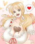  :d blonde_hair blouse breasts brown_eyes chikaburo chocolate chocolate_heart chocolate_on_breasts cleavage collar collarbone crossed_arms frilled_blouse frilled_collar frilled_sleeves frills heart huge_breasts long_hair looking_down nami_(one_piece) one_piece open_mouth short_sleeves smile solo spoken_heart twintails upper_body valentine white_blouse 