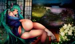  absurdres aqua_eyes aqua_hair ass bad_id bad_pixiv_id bangs breasts cleavage commentary_request flower from_behind garden hair_ornament hatsune_miku highres japanese_clothes kimono lapaco long_hair long_sleeves looking_at_viewer looking_back lying medium_breasts night off_shoulder on_side panties parted_lips socks solo striped striped_panties twintails underwear very_long_hair vocaloid white_legwear wide_sleeves 