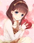  \||/ bangs blue_eyes blush box brown_hair closed_mouth commentary_request dotted_line hairband hands_up heart heart-shaped_box heart-shaped_pupils holding holding_box idolmaster idolmaster_cinderella_girls kneehighs long_sleeves looking_at_viewer manatsuki_manata sakuma_mayu sleeves_past_wrists smile solo symbol-shaped_pupils upper_body valentine 