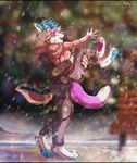  5_fingers anthro barefoot blue_fur blue_hair blurred_backgroud canine clothed clothing dog duo eyes_closed female fur hair husky male mammal open_mouth outside pink_hair smile snow snowing standing tai_lung_(artist) white_fur 