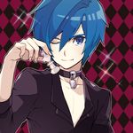  alternate_costume argyle argyle_background blue_eyes blue_hair chess_piece choker closed_mouth collarbone guilty_(module) hair_between_eyes kaito looking_at_viewer male_focus one_eye_closed outline patterned_background pectorals project_diva_(series) project_diva_x smile solo sparkle upper_body vocaloid yoshiki 