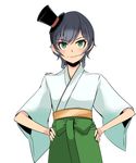  artist_name bangs black_hair blush commentary_request ears_visible_through_hair furisode green_eyes grin hakama hands_on_hips hat isetta japanese_clothes kantai_collection kimono long_sleeves looking_at_viewer matsukaze_(kantai_collection) meiji_schoolgirl_uniform mini_hat mini_top_hat short_hair simple_background smile solo top_hat wavy_hair white_background wide_sleeves 