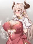  after_paizuri alicia_(granblue_fantasy) blush breasts center_opening commentary_request covered_nipples cross cross_earrings cum cum_on_body cum_on_breasts cum_on_upper_body draph dress earrings futoshi gloves granblue_fantasy horns huge_breasts inverted_nipples jewelry long_hair paizuri parted_lips pointy_ears puffy_nipples silver_hair smile solo white_gloves 