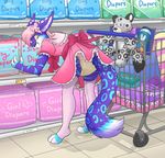  clothing diaper embarrassed feline female fur legwear leopard mammal plushie public purple_fur socks solo urine wen wet_diaper 