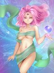  breasts closed_mouth collarbone extra_eyes eyelashes floating floating_hair highres large_breasts levitation long_hair looking_at_viewer magical_drop medium_breasts naked_ribbon navel nude open_hand palms pink_eyes pink_hair ribbon see-through_silhouette shiny shiny_hair shiro_hougyoku smile solo sphere stomach third_eye world_(magical_drop) 
