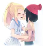  beanie black_hair blonde_hair blush chocolate chocolate_heart closed_eyes commentary_request food_in_mouth from_side hat heart homura_subaru lillie_(pokemon) long_hair mizuki_(pokemon) mouth_hold multiple_girls open_mouth pokemon pokemon_(game) pokemon_sm ponytail red_hat shirt short_hair short_sleeves simple_background skirt valentine white_background white_shirt white_skirt yuri 