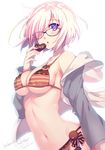  bad_revision bikini black-framed_eyewear blush breasts chocolate chocolate_heart cleavage dated fate/grand_order fate_(series) glasses hair_over_one_eye heart large_breasts looking_at_viewer mash_kyrielight md5_mismatch navel nishimura_eri parted_lips purple_eyes sideboob simple_background sketch solo striped striped_bikini sweets_lingerie swimsuit twitter_username underboob valentine white_background 