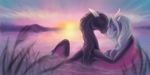  2016 black_mane blue_mane blue_wings digital_media_(artwork) dragon dreit evening eye_contact female feral fold_wings giftart half-closed_eyes happy horn hug intimacy intimate lake landscape long_mane love lovely male membranous_wings nature outside pink_wings purple_wings romantic_couple samantha samantha-dragon scalie sitting smile sunset tender warm water wet winghug wings 