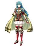  aqua_hair armor blue_eyes blue_hair boots breastplate cape earrings eirika fingerless_gloves fire_emblem fire_emblem:_seima_no_kouseki fire_emblem_heroes full_body gloves half_gloves highres jewelry long_hair mayachise miniskirt official_art puffy_short_sleeves puffy_sleeves red_earrings red_footwear short_sleeves shoulder_pads sidelocks skirt smile solo thigh_boots thighhighs transparent_background very_long_hair white_skirt yellow_cape zettai_ryouiki 
