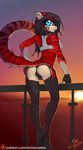  2017 anthro bra breasts butt clothed clothing collar ear_piercing english_text feline fingerless_gloves footwear fur garter_straps gloves high_heels legwear looking_back low-angle_view macmegagerc mammal outside panties patreon piercing railing rear_view red_fur shoes skimpy skirt sports_bra stockings striped_fur stripes sunset text tiger under_boob underwear watermark 