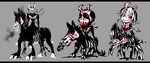  arrow_in_body chibi commentary evil_smile grimm horns horse horseback_riding iesupa monster_girl nuckelavee_(rwby) red_eyes riding rwby smile 