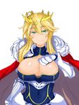  ahoge artoria_pendragon_(all) artoria_pendragon_(lancer) bangs blonde_hair blush breasts cape cleavage closed_mouth commentary_request covered_navel crown fate/grand_order fate_(series) fur_trim gauntlets green_eyes highres large_breasts long_hair looking_at_viewer smile solo sprout_(33510539) swept_bangs upper_body 