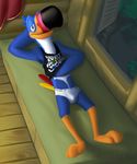 anthro anthrofied avian beak bed bird briefs bulge clothing english_text froot_loops hand_behind_head hand_under_shirt high-angle_view inside lineless looking_at_viewer mascot on_bed rear_view shaded shirt signature tank_top text toucan toucan_sam underwear weaselgrease 