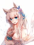  animal_ears bad_id bad_pixiv_id bangs baocaizi bare_shoulders blonde_hair blue_eyes breasts bug butterfly butterfly_hair_ornament cleavage commentary_request eyebrows_visible_through_hair hair_between_eyes hair_ornament highres holding insect jar large_breasts long_hair looking_at_viewer open_mouth original simple_background smile solo teeth upper_body white_background 