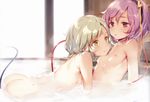  absurdres arched_back ass bath bathing black_hairband blush breasts green_eyes green_hair hair_ornament hairband heart heart_hair_ornament heart_of_string highres ke-ta komeiji_koishi komeiji_satori looking_at_another multiple_girls nipples nude onsen parted_lips partially_submerged pink_eyes pink_hair red_eyes scan shiny shiny_hair short_hair siblings sisters small_breasts smile steam string touhou water wet 