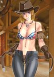  1girl american_flag_bikini arikawa bare_shoulders belt bikini_top blonde_hair blue_eyes breasts brown_gloves cleavage cowboy_hat cowboy_shot cowgirl dead_or_alive flag_print gloves hat highres indoors large_breasts legs looking_at_viewer midriff navel no_panties pants parted_lips pubic_hair short_hair smile solo standing thighs tina_armstrong 