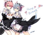  animal_ears apron artist_name bangs birthday blue_eyes blue_hair blueberry blunt_bangs blush brown_eyes cake cat_ears cat_tail closed_mouth collar commentary_request detached_collar detached_sleeves food frilled_apron frilled_collar frilled_sleeves frills fruit hair_ornament hair_over_one_eye hair_ribbon happy_birthday heart holding holding_food looking_at_viewer looking_back lunacats maid maid_headdress multiple_girls open_mouth pink_hair pink_ribbon purple_ribbon ram_(re:zero) re:zero_kara_hajimeru_isekai_seikatsu rem_(re:zero) ribbon short_hair siblings signature simple_background sisters smile strawberry tail teeth twins waist_apron white_background wide_sleeves x_hair_ornament 