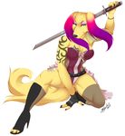  anthro canine clothed clothing corset female footwear fur hair high_heels lingerie looking_at_viewer makeup mammal mascara melee_weapon myloveless shoes solo sword thick_thighs weapon 