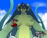  :o angry artist_name blue_hair blue_sky breasts choker cloud dark_skin day dorsal_fin forehead_protector giantess giga_mermaid green_skin hair_ornament harem_pants highres hoop_earrings jewelry large_breasts long_hair looking_down mermaid nipple_tweak nipples no_bra pointy_ears ponytail purple_hair red_eyes shantae shantae_(character) shantae_(series) sharp_teeth sky stomach vambraces 