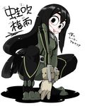  asui_tsuyu boku_no_hero_academia breasts character_name commentary_request copyright_name frog_girl gloves hair_between_eyes hair_rings long_hair looking_at_viewer low-tied_long_hair medium_breasts solo squatting takeu thick_eyebrows tongue tongue_out translated very_long_hair 