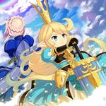  armor armored_dress artoria_pendragon_(all) back-to-back blonde_hair blue_eyes braid charlotta_fenia crossover crown curly_hair fate/stay_night fate_(series) gauntlets granblue_fantasy hand_on_sword harvin long_hair multiple_girls o_(rakkasei) petals pointy_ears saber sky sword trait_connection weapon 