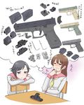  breasts commentary_request firearm flashlight glock glock_17 gun handgun head_on_arm highres medium_breasts multiple_girls original school_uniform seiryouinryousui table thinking thought_bubble translated weapon 