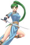  1girl black_gloves blue_dress boots dress earrings fingerless_gloves fire_emblem fire_emblem:_rekka_no_ken gloves green_eyes green_hair high_ponytail holding holding_sword holding_weapon jewelry katana long_hair looking_at_viewer lyndis_(fire_emblem) nintendo open_mouth pelvic_curtain ponytail rere_(yusuke) sash side_slit smile sword weapon white_background 