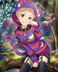  alice_in_wonderland animal_hood artist_request belt blonde_hair cat_hood cat_tail cheshire_cat cheshire_cat_(cosplay) cosplay earrings forest garter_straps grin heart heart_earrings hood idolmaster idolmaster_cinderella_girls jewelry looking_at_viewer mushroom nature official_art paw_pose pins pixie_cut red_eyes senzaki_ema short_hair shorts sitting smile solo star striped tail thighhighs tree very_short_hair zipper 