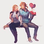  1girl adapted_costume alternate_costume balloon blonde_hair bouquet closed_eyes contemporary couple finni_chang flower hetero highres hood hoodie jewelry link necklace pointy_ears princess_zelda sitting smile the_legend_of_zelda the_legend_of_zelda:_breath_of_the_wild valentine 