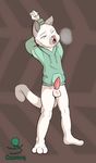  2017 anthro balls bottomless carpetwurm clothed clothing cute erection eyes_closed feline fur grey_fur hoodie male mammal open_mouth penis pink_nose simple_background solo stretching tan_fur tapering_penis whiskers yawn 