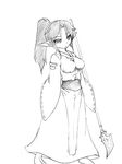  1girl camel_(dansen) female japanese_clothes monochrome naginata poemi_(seinarumonohe) pointy_ears ponytail seinarumonohe solo standing weapon 