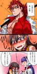  3koma abs assassin_(fate/extra) bare_shoulders black_eyes black_hair blush breasts cleavage coat comic covering_face earrings embarrassed fate/extra fate/grand_order fate_(series) long_hair necklace open_mouth ponytail purple_eyes purple_hair red_hair saint_martha veil weapon xuanzang_(fate/grand_order) 