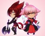  animal_ears axe battle_axe cat_ears cat_tail chibi earrings eventh7 facial_mark final_fantasy final_fantasy_xiv gloves heterochromia jewelry looking_at_viewer miqo'te multiple_girls pink_hair red_hair short_hair tail thighhighs weapon 