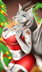  anthro big_breasts breasts canine christmas christmas_tree clothed clothing dragon eastern_dragon female harnny holidays horn hybrid looking_at_viewer mammal smile solo tree wings 
