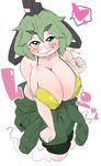  bikini_top blush breast_squeeze breasts cleavage clenched_teeth clothes_around_waist ghost_tail hair_between_eyes hat heart highres huge_breasts jumpsuit looking_at_viewer soga_no_tojiko solo takeu tate_eboshi teeth thick_eyebrows touhou 