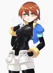  aile bodysuit brown_hair cameltoe gloves green_eyes rockman rockman_zx sakuraba_(kirsche_x) short_hair solo spandex 