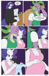  anthro anthrofied baby_clothes belly big_belly blue_eyes breasts chair cleavage clothed clothing comic dekomaru dialogue dragon duo english_text equine eyeshadow facial_hair female friendship_is_magic fur goatee green_eyes green_shirt hair hi_res horn kissing makeup male mammal my_little_pony navel pink_dress pregnant purple_hair purple_scales rarity_(mlp) ring scales scalie sitting spike_(mlp) text thehotroom unicorn white_fur 