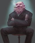  bad_id bad_pixiv_id bald beard black_pants black_shirt blue_shirt business_suit chair cigar crossed_arms dress_shirt facial_hair formal highres light_rays long_sleeves looking_at_viewer male_focus mustache nose ouka_musci pants red_eyes shirt sitting smoking solo spread_legs stool suit touhou unzan 