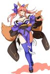  animal_ears bare_shoulders blush breasts cleavage detached_sleeves dutch_angle fang fate/extra fate/grand_order fate_(series) fox_ears fox_tail full_body groin hatakenaka_(kamagabuchi) japanese_clothes kimono legs long_hair medium_breasts pelvic_curtain pink_hair skindentation solo tail tamamo_(fate)_(all) tamamo_no_mae_(fate) thighhighs thighs twintails yellow_eyes 